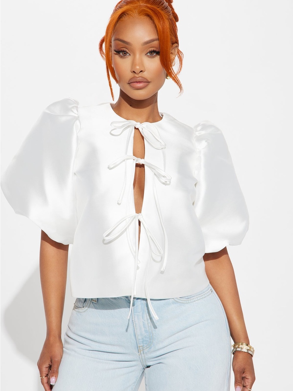 Fashion Nova White Satin Puff-Sleeve Tie-Front Blouse